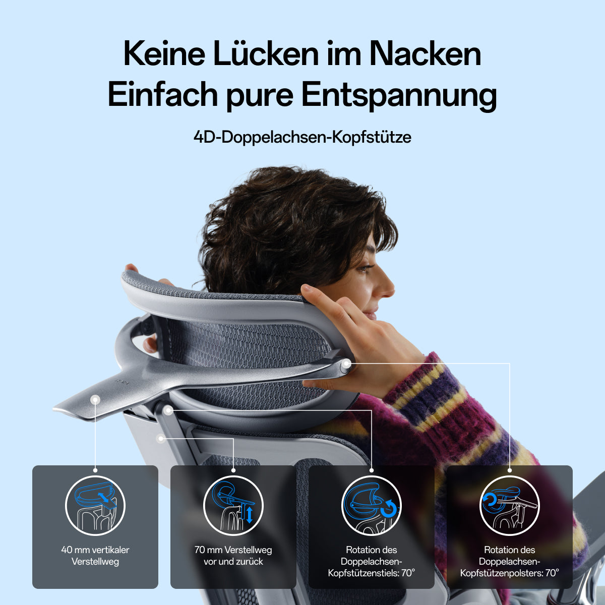 An explanatory product graphic showing a lumbar support cushion with labeled callouts for 40° side flip, 5° floating spring mechanism, multi-zone tension mesh, 60mm 6-step height adjustment, and 30mm adaptive slide. Text at the top reads, 'Automatically follows your every move for zero-gap back relief' and '3-Zone Adaptive Lumbar Support.~scene