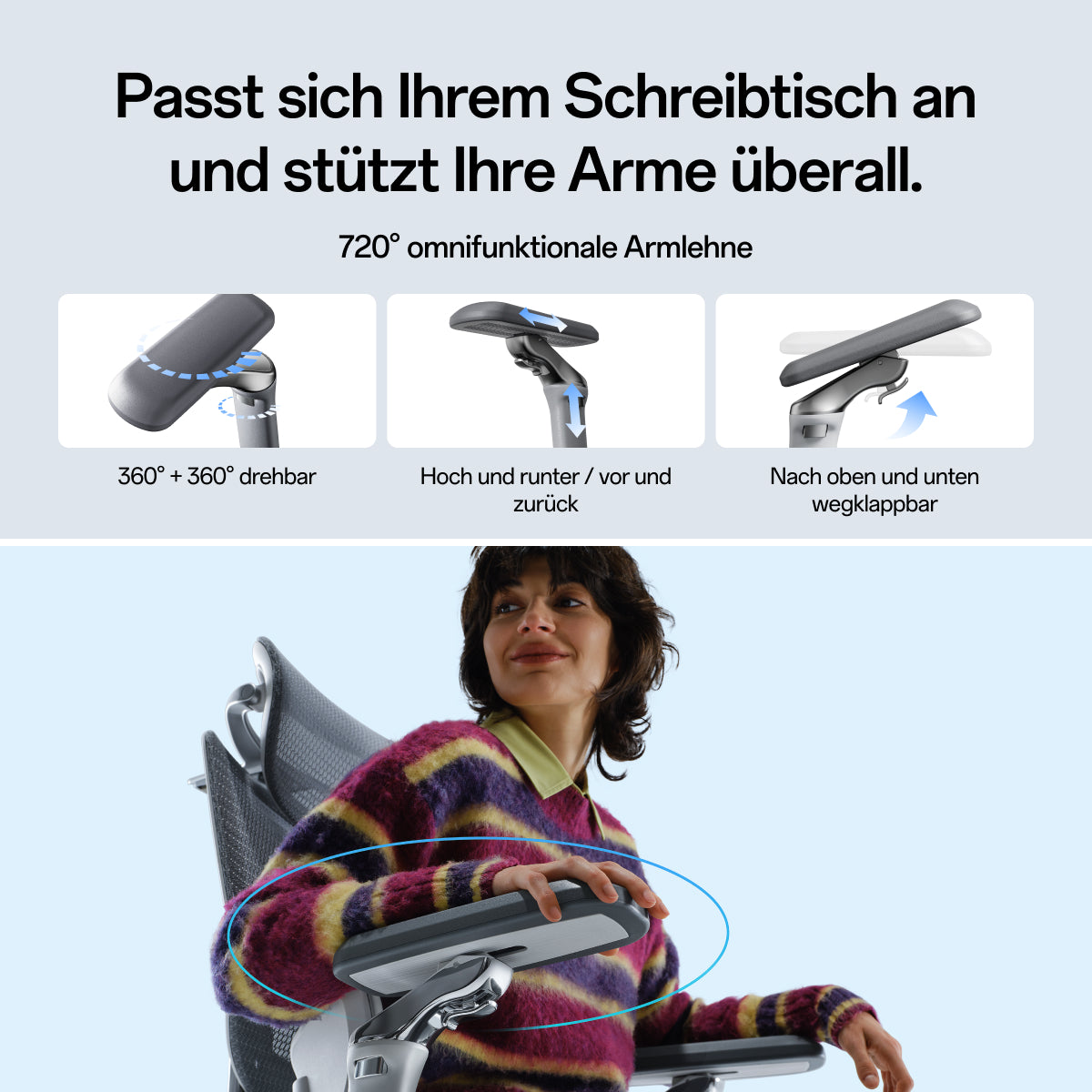 An explanatory product graphic showing a lumbar support cushion with labeled callouts for 40° side flip, 5° floating spring mechanism, multi-zone tension mesh, 60mm 6-step height adjustment, and 30mm adaptive slide. Text at the top reads, 'Automatically follows your every move for zero-gap back relief' and '3-Zone Adaptive Lumbar Support.~scene