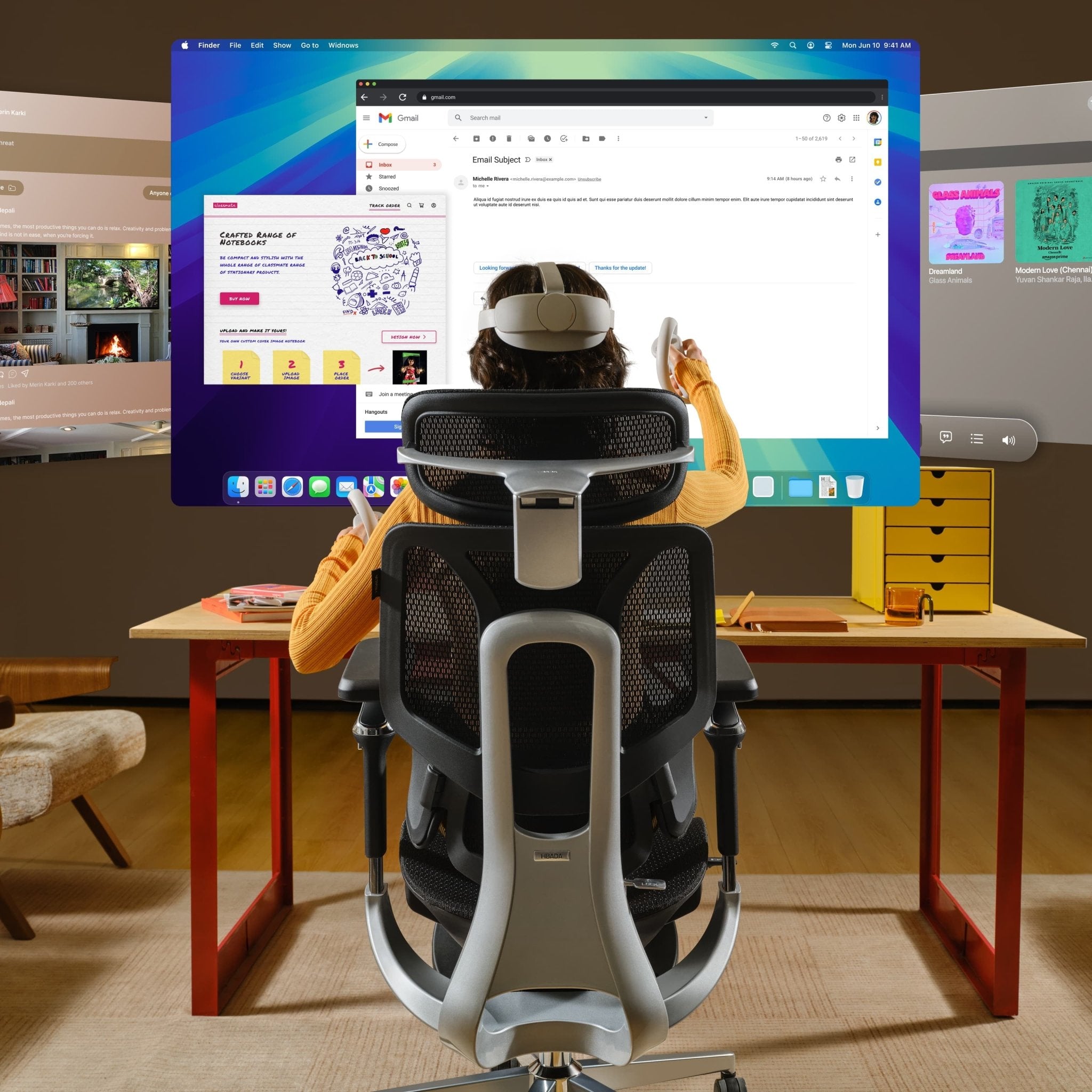 Person using a high-tech gaming chair in a modern office setting~scene
