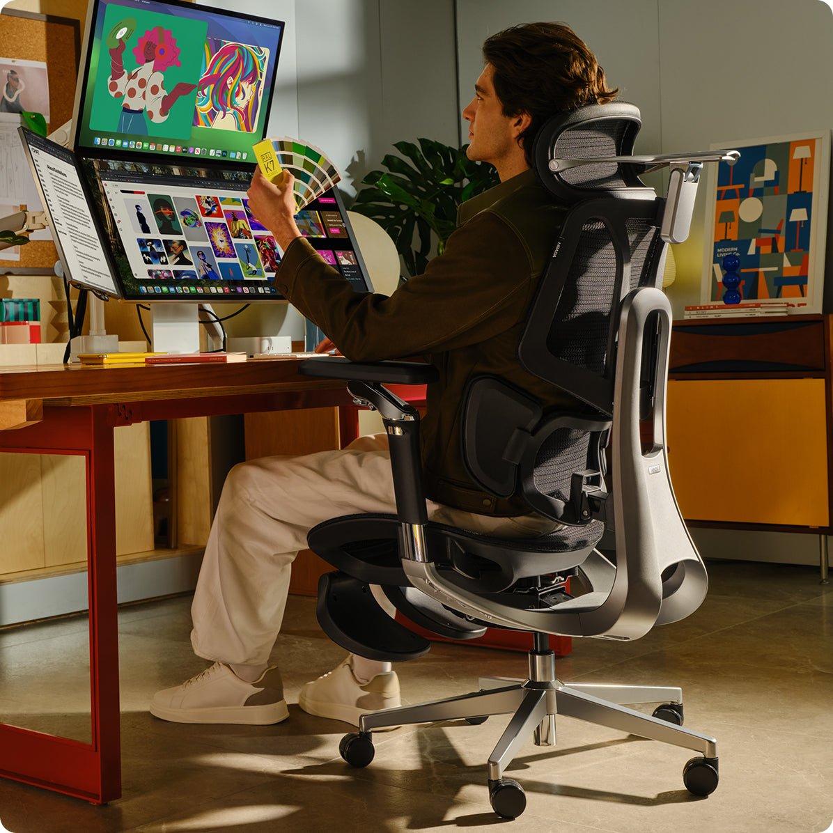 Person using a high-tech gaming chair in a modern office setting~scene
