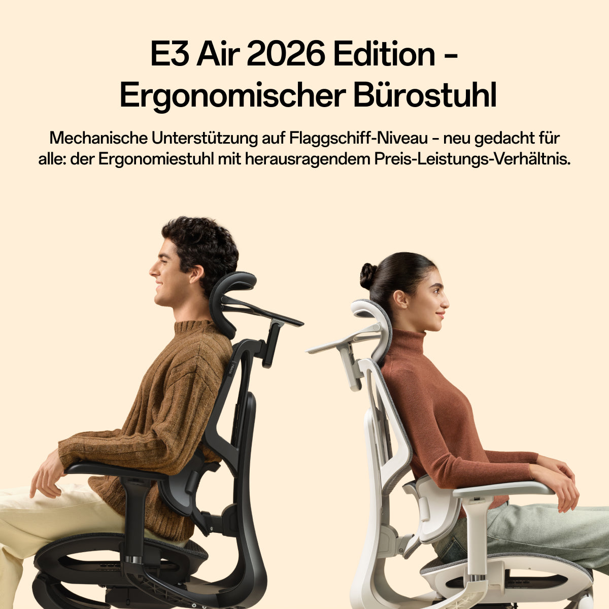 Two people seated side by side on ergonomic office chairs against a beige background, with text at the top reading 'E3 Air 2026 Edition Ergonomic Office Chair' and a tagline about mechanical support and ergonomics.~scene