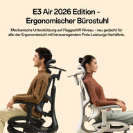 Two people seated side by side on ergonomic office chairs against a beige background, with text at the top reading 'E3 Air 2026 Edition Ergonomic Office Chair' and a tagline about mechanical support and ergonomics.~scene