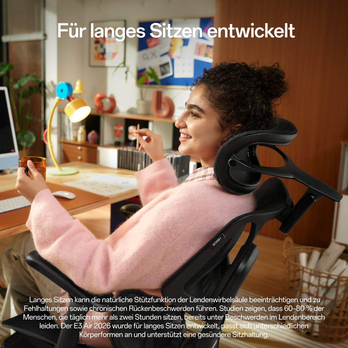 Two people seated side by side on ergonomic office chairs against a beige background, with text at the top reading 'E3 Air 2026 Edition Ergonomic Office Chair' and a tagline about mechanical support and ergonomics.~scene