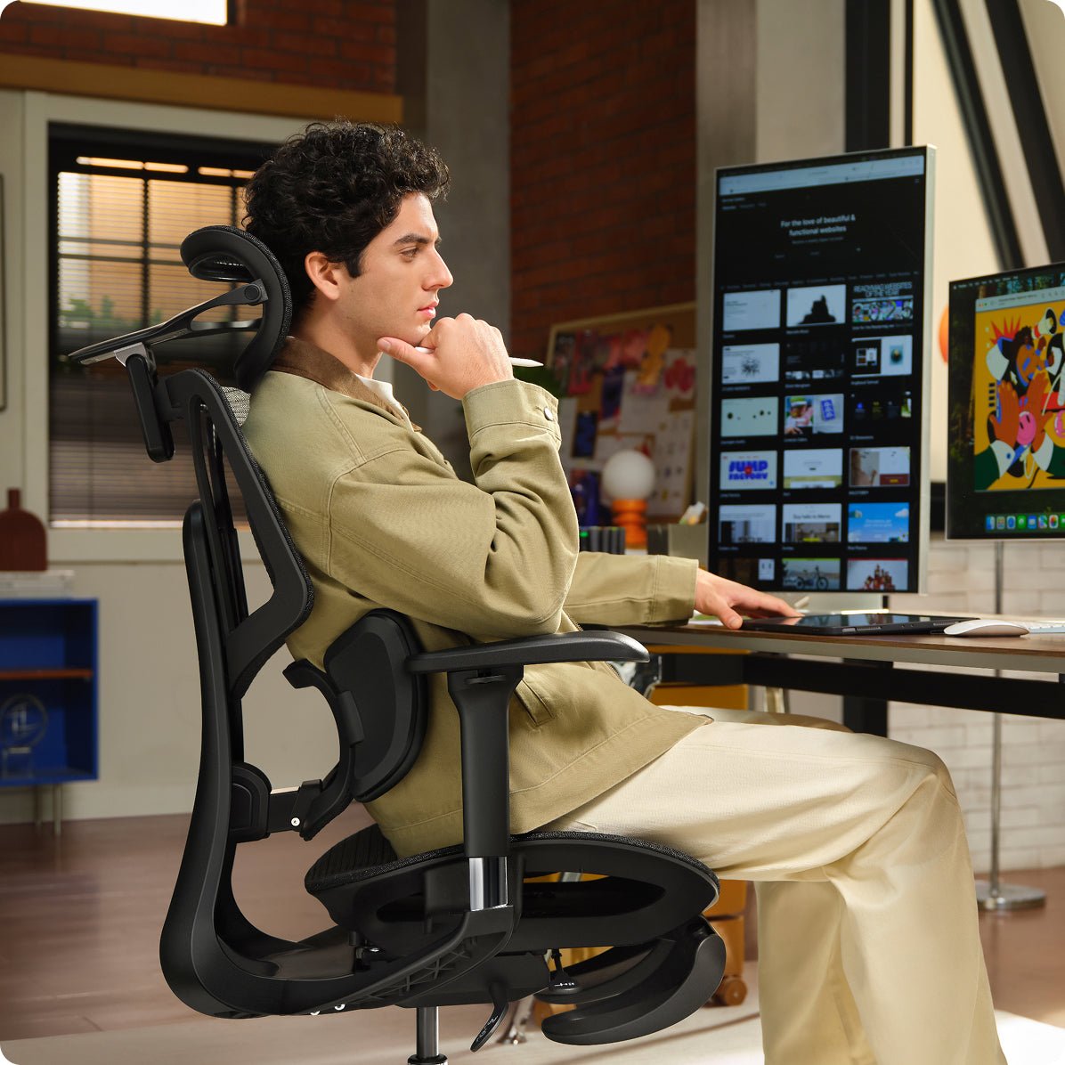 Man sitting on a black ergonomic chair in an e3 air ergonomic chair  ~scene